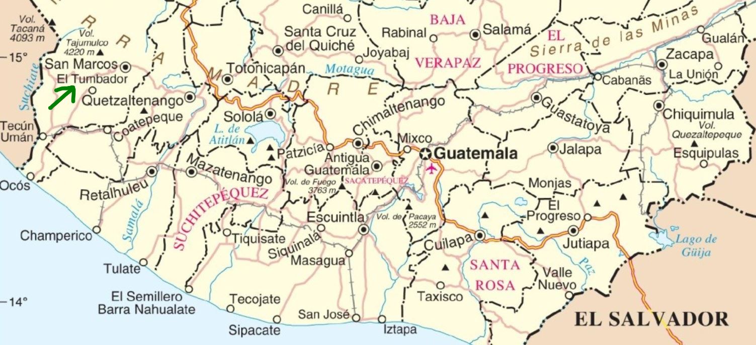 kaart Zuid Guatemala met El Tumbador